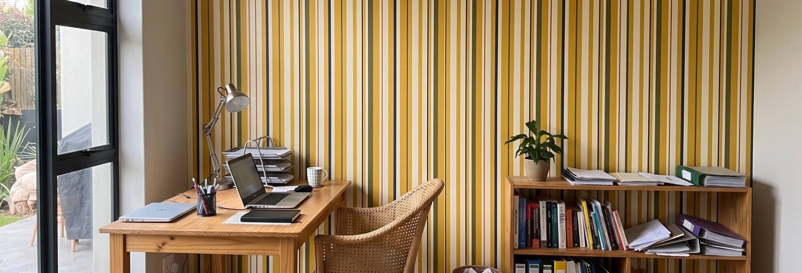 Uneven Stripe wallpaper in Mustard Grove behind a desk in a home studio